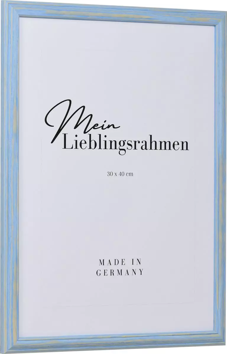 Seitenansicht eines blauen, pastelligen Holzrahmens im Landhausstil, mit einer abgeflachten Wölbung und einer erhobenen Au