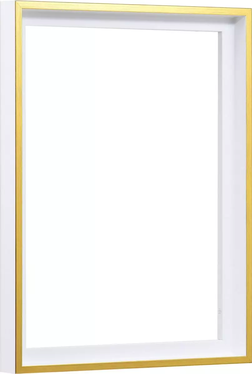 Seitenansicht eines modernen, dezenten Schattenfugenrahmens in Weiss mit Goldkante