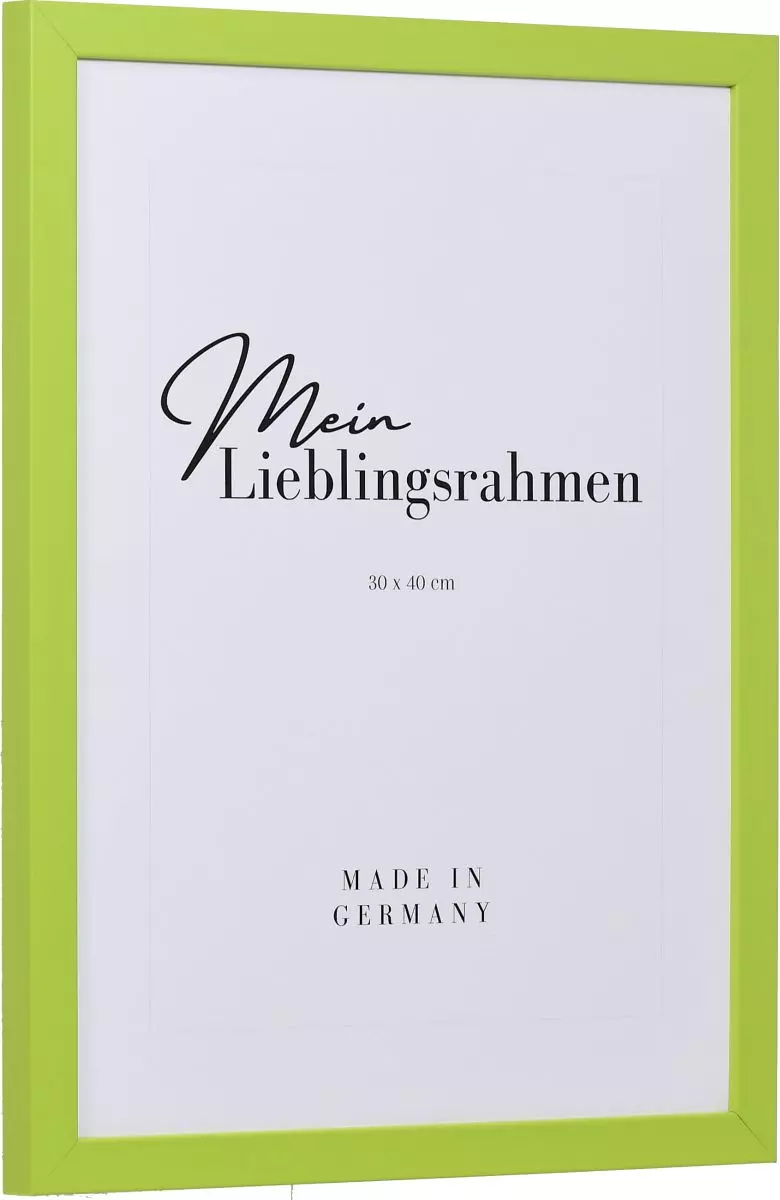 Seitenansicht eines grünen Bilderrahmens mit geschlossener, glatter Oberfläche und würfelförmigem Profil