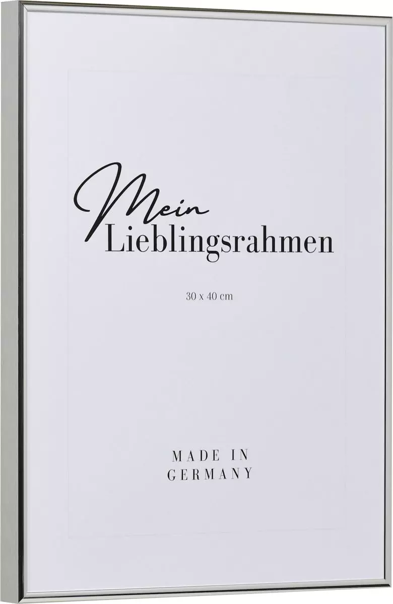 Seitenansicht eines silbernen, sehr formstabilen Hochglanz-Aluminiumrahmens mit patentiertem Eckverbindersystem 