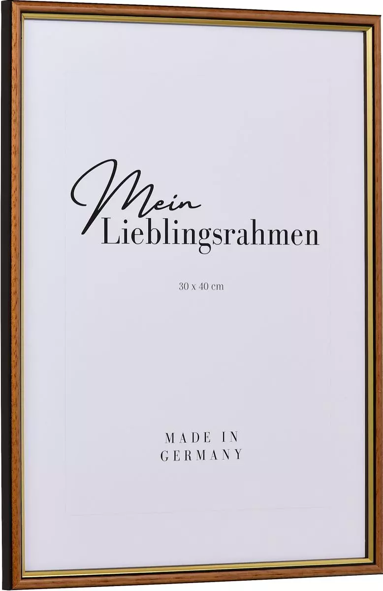 Seitenansicht eines honigfarbenen Bilderrahmens mit innenliegender Goldkante